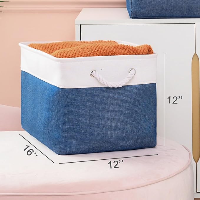 TheWarmHome Organization and Storage for Organizing - 3 Pack 16x12x12 inch Cube Storage Bin for Shelves, Fabric Storage Cubes for Closet Cloth Organizer Gift Toy (White & Jean Blue)-Ruum Studio Home