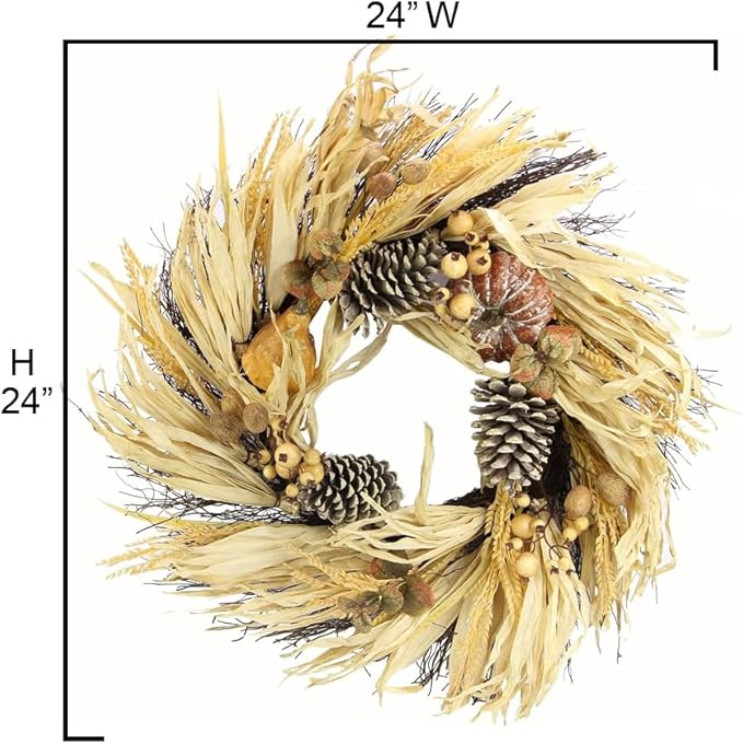 Admired By Nature Pumpkin Wheat Berry Corn Husk Wreath - 24" Artificial Hanging Wreath for Home Decor, Offices, Weddings, Events, Parties, Thanksgiving-Ruum Studio Home