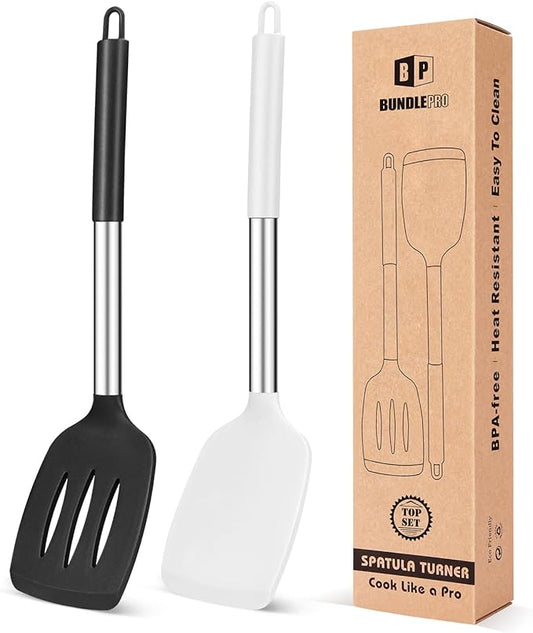 Pack of 2 Silicone Solid Turner, Non Stick Slotted Kitchen Spatulas, High Heat Resistant BPA Free Cooking Utensils, Ideal Cookware for Fish, Eggs, Pancakes(Black-White)-Ruum Studio Home