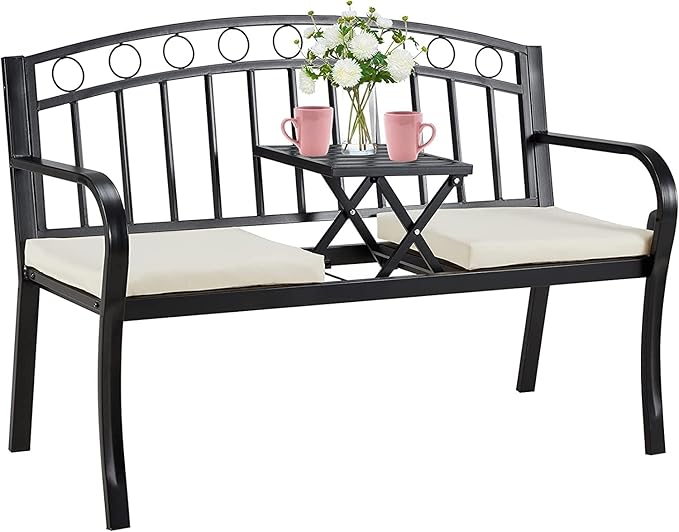 AVAWING Outdoor Metal Garden Bench, 2-Seat Patio Porch Bench with Steel Frame, Park Bench w/Pullout Middle Table＆ Cushion for Backyard Lawn Deck Entryway, Black-Ruum Studio Home