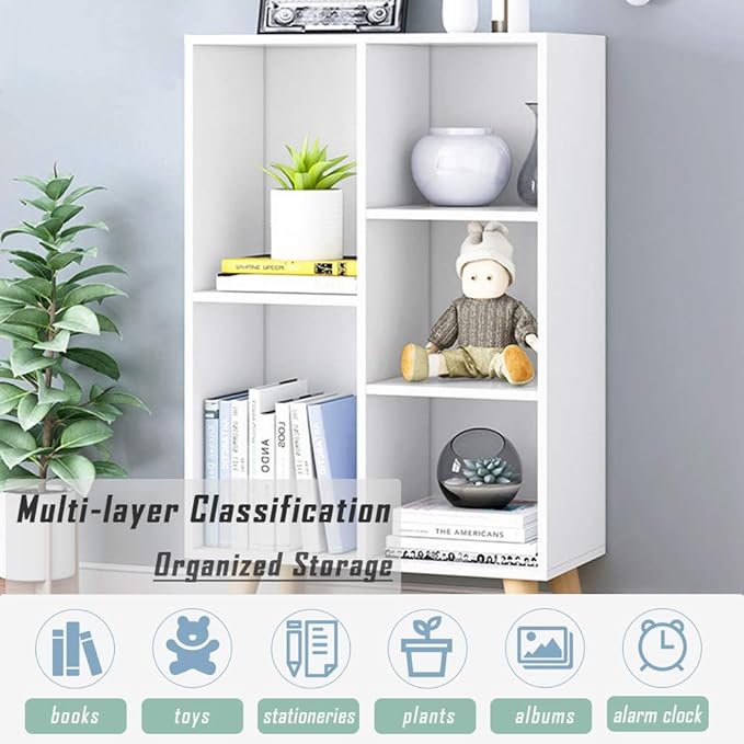 IOTXY Wooden Open Shelf Bookcase - 3-Tier Floor Standing Display Cabinet Rack with Legs, 5 Cubes Bookshelf, Warm White-Ruum Studio Home