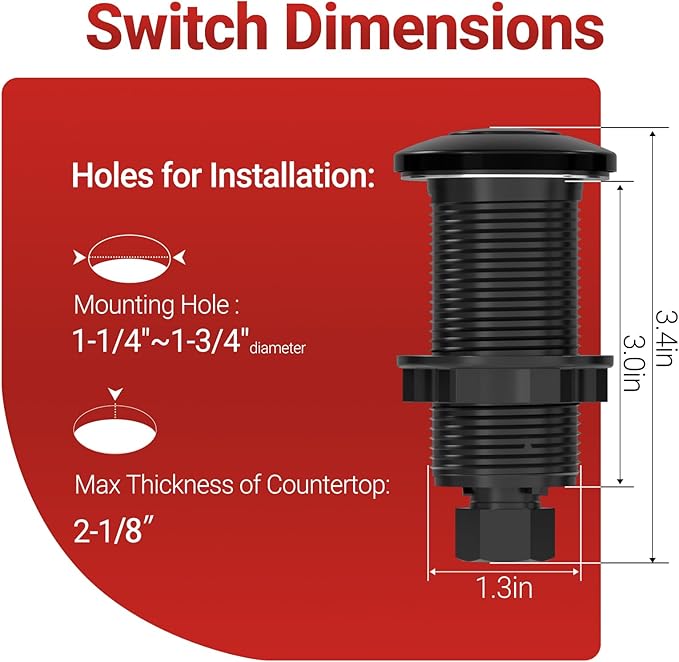 APIELE Garbage Disposal Air Switch Kit, Sink Top Push Button Switch for Food Waste Disposer, UL Listed 3.6" Long On/Off Air Button (Matte Black)-Ruum Studio Home