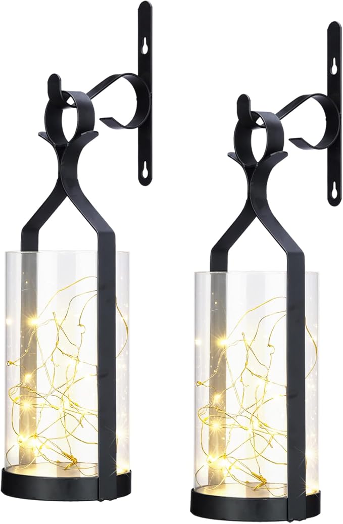 Metal Wall Sconce 35 Led Lantern Set of 2 - Black Wall Mounted Hanging Holder with Glass & Candles Vintage Wall Decor for Porch, Living Room, Dining Room, Bedroom Indoor Decor-Ruum Studio Home