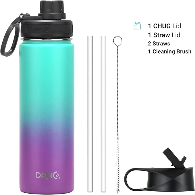 DRINCO Stainless Steel Water Bottle Spout Lid Vacuum Insulated Double Wall Water Bottle Wide Mouth (40oz 32oz 22oz 18oz 14oz) Leak Proof Keeps Cold or Hot (22 oz, 22oz Ombre Fuschia Teal)-Ruum Studio Home