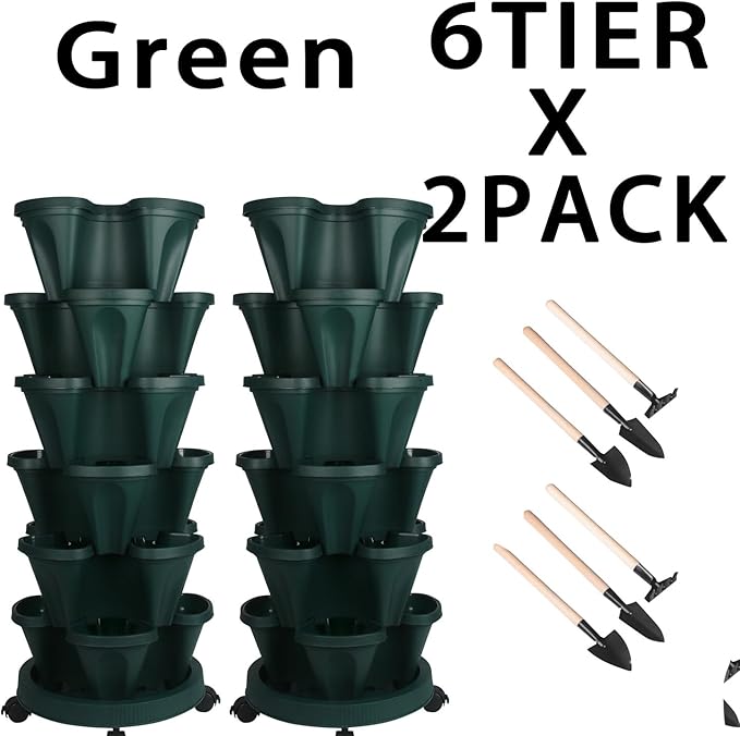 Vertical Planter 6 Tier Stackable Planters Garden Planters Strawberry Herb Flower and Vegetable Planter Indoor Outdoor Gardening Pots with Removable Wheels and Tools 2-Pack-Ruum Studio Home
