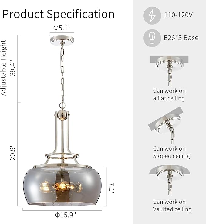 WUZUPS Nickel Chandelier Rustic Farmhouse Industrial Round Ceiling Pendant LED Light Fixture Electroplated Gray Glass Shade for Dining Room Kitchen Island Foyer Entryway, H 20.9" W 15.9", E26 Base-Ruum Studio Home