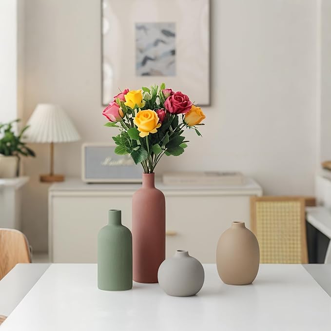 Modern Ceramic Vase Set, Neutral Colors, Decorative Vases for Home Decor, 4 Piece Collection (Green Mix Set 4)-Ruum Studio Home