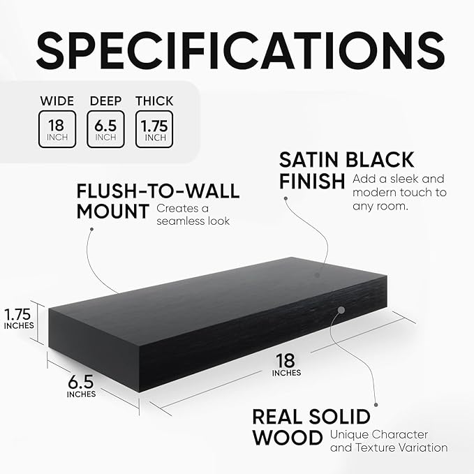 Homeforia Black Floating Shelf 18 inch, High End Solid Real Wood 18inch Bathroom Floating Shelves for Wall Mounted, Black Wooden 18in Floating Shelves, Heavy Duty Bracket, 18 X 6.5 X 1.75 in, Set of 4-Ruum Studio Home