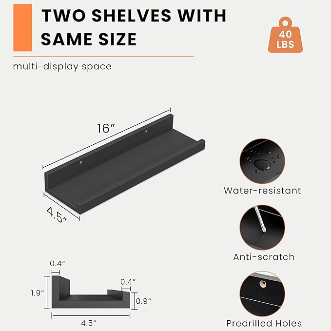 Heimlove Picture Ledge Shelf, Small Floating Shelves Set of 2, 16 Inches Picture Shelf for Wall with Ledge, Kids Bookshelf Wall Mounted for Living Room Bedroom Decor Books Photo Frames, Black-Ruum Studio Home
