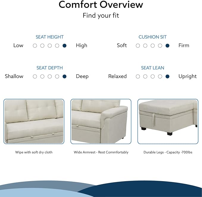 Naomi Home Transform Any Space: Sleeper Sectional Sofa with Convertible Sofa Bed & Inviting Chaise. Find Tranquil Comfort with Stress-Relieving Design & Durable Cushions - Cream/Velvet-Ruum Studio Home