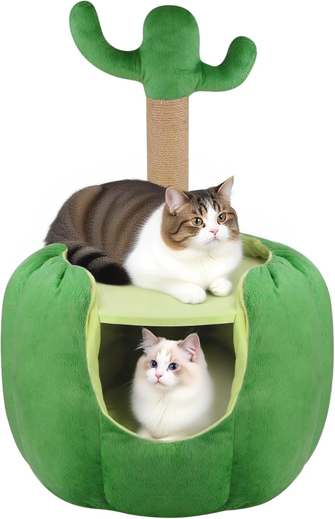 Cat Houses for Indoor Cats, Small Cat Tree with Sisal Ropes and Plush Perch, Cute Cat Bed Cave with Soft Pillow, Cactus Design-Ruum Studio Home