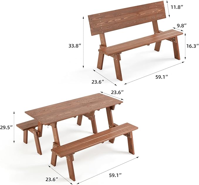 AVAWING Outdoor Convertible Wood Bench with Backrest, Patio Wood Convert a Bench, Space-Saving 2-in-1 Picnic Table Chairs Set for Backyard, Porch, Patio, Garden, Brown-Ruum Studio Home