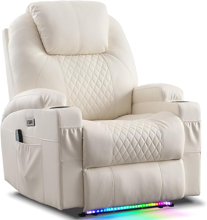 AHMED Power Recliner Chair with Vibration Massage & Heat for Adults, Faux Leather Home Theater Seating with Cup Holders/LED Lights/USB Ports/Side Pockets for Living Room, Beige-Ruum Studio Home