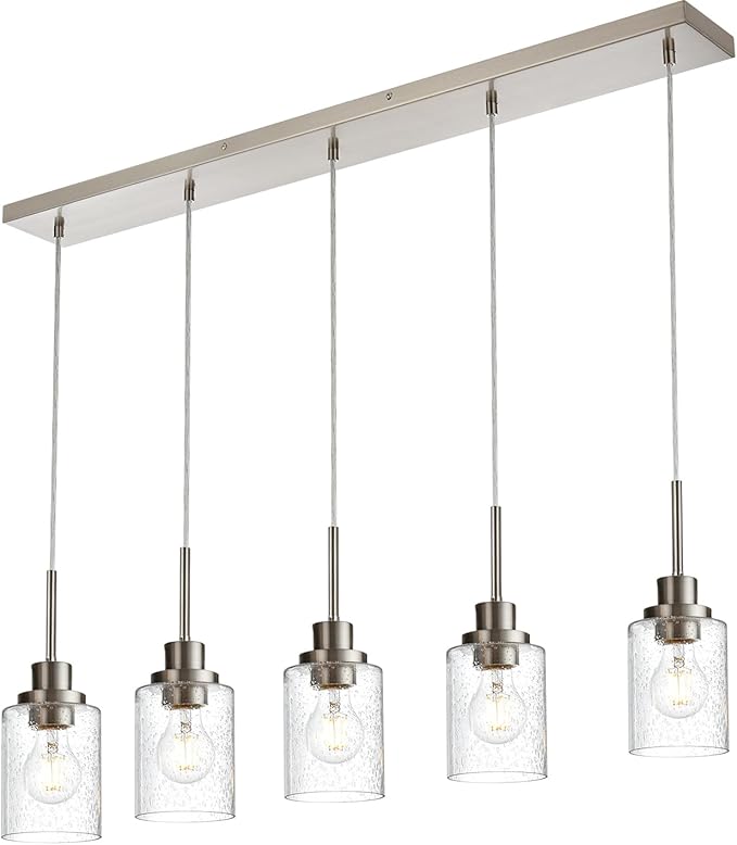 Lighting Contemporary Brushed Nickel Linear Chandelier Pendant Light 5 Lights Clear Seeded Glass Farmhouse Pendant Lighting Modern Dining Room Light Fixture for Living Room Kitchen Island-Ruum Studio Home