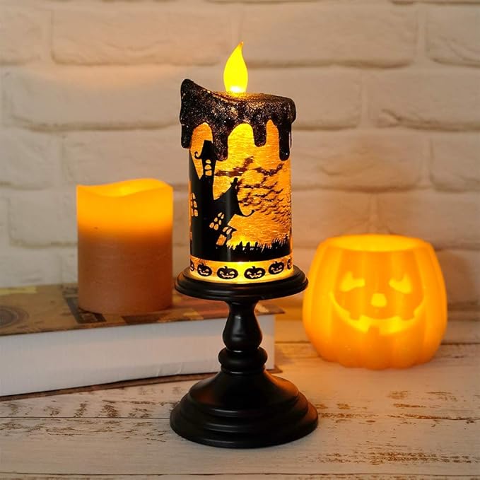 Eldnacele Halloween Snow Globe Candles Lighted Lamp, Battery Operated Spooky Spinning Water Glittering Tornado Candle Flameless Candles Table Centerpiece for Halloween Decoration Indoor(Castle)-Ruum Studio Home