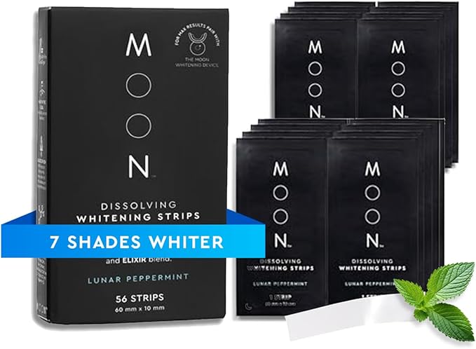 MOON Dissolving Teeth Whitening Strips - Vegan, Easy-to-Use, No Rinse White Strips - Hydrogen Peroxide and Essential Oils Infused Gentle Teeth Whitening Kit - Travel Essentials for Oral Care (56 Ct)-Ruum Studio Home