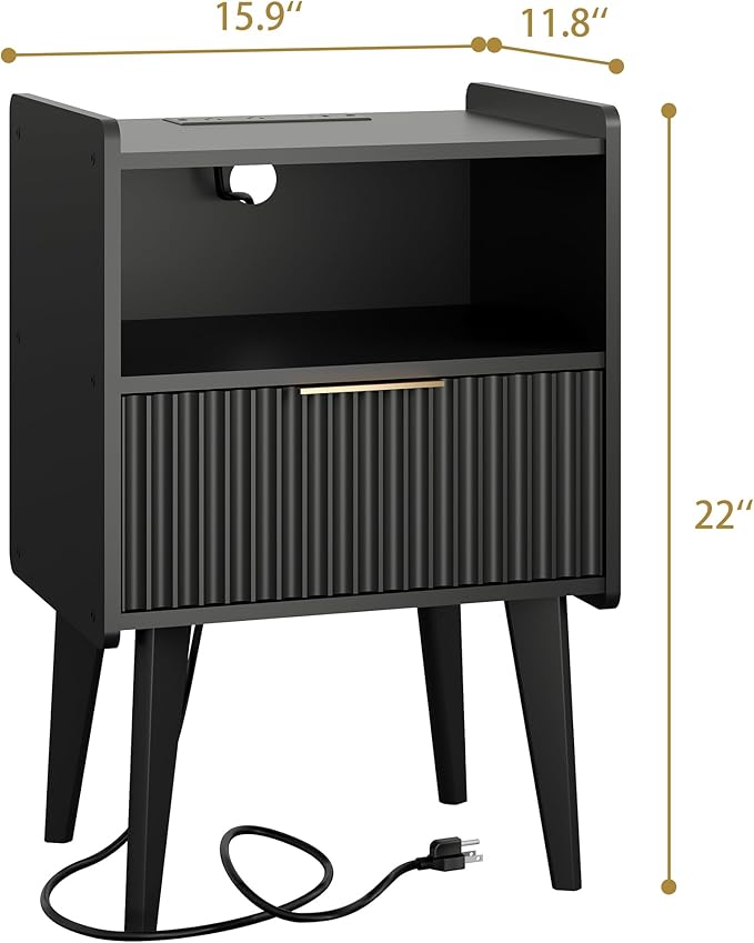 Fluted Nightstand with Charging Station, Modern Bedside Table with Drawer,Black Nightstand with Solid Wood Legs, End Table,Side Table for Living Room,Bedroom Black CTG57BKE-Ruum Studio Home