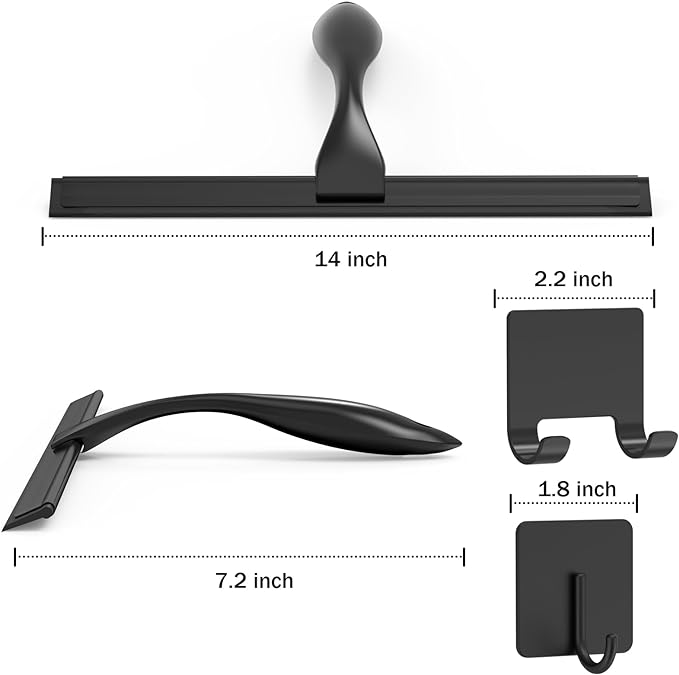 All-Purpose Stainless Steel Shower Squeegee for Shower Doors with 2 Adhesive Hooks, Bathroom Cleaner Tool Household Window Mirror Squeegee for Home Cleaning, Glass Door, Tile Wall, Car, 14 Inch Black-Ruum Studio Home