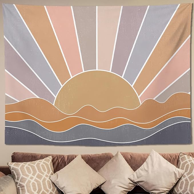 keowhsf Boho Sun Mountain Tapestry Wall Hanging - Retro 70s Vintage Rainbow Sunrise Sunset Design, Abstract Geometric Hippie Art Tapestry for Bedroom, Living Room & Dorm Decor-Ruum Studio Home