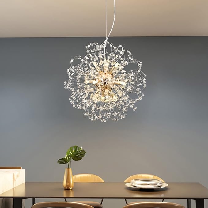 Modern Dandelion Chandelier, Sputnik Crystal Beaded Ceiling Lamp with Gold Finish, Round Sunflower Pendant Light Fixtures for Dining Room Bedroom Foyer Farmhouse (Gold 12Lights)-Ruum Studio Home