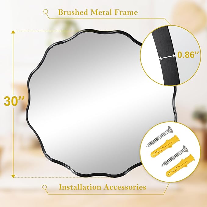 Fabuady Black Round Wavy Edge Mirror - 30'' Circle Wall Mirror with Metal Frame, Decorative Hanging/Leaning Mirror for Bathroom, Bedroom, Living Room, Hallway, Entryway, Office, Home Decor-Ruum Studio Home