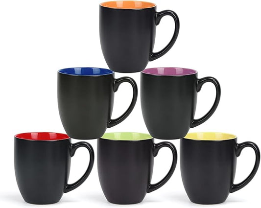 16 OZ Stoneware Coffee Mug Set of 6, Black Ceramic Mug with Different Color Inside, Colorful Porcelain Mug with Handle for Latte Espresso Cappuccino-Ruum Studio Home