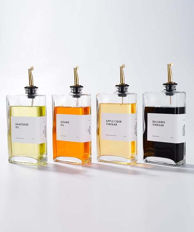 Olive Oil Dispenser for Kitchen, Cooking Oil and Vinegar Dispenser Set, Olive Oil Bottle, Soy sauce dispenser, coffee syrup bottles with stainless steel pourers - 4 pcs, Gold-Ruum Studio Home