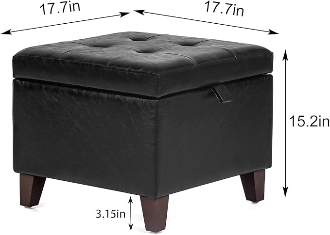 Adeco Storage Ottoman Foot Rest Stool, Leather Ottoman Footstool with Solid Wood Legs and Hinged Lid, 17.7" Small Foot Stool for Living Room, Bedroom-Ruum Studio Home