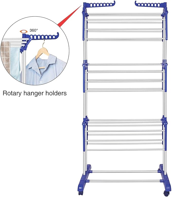Bigzzia Clothes Drying Rack, Folding Stainless Steel Drying Rack Clothing Indoor Outdoor, Space-Saving, 4 Tier Laundry Drying Rack with Two Side Wings Grey Blue-Ruum Studio Home