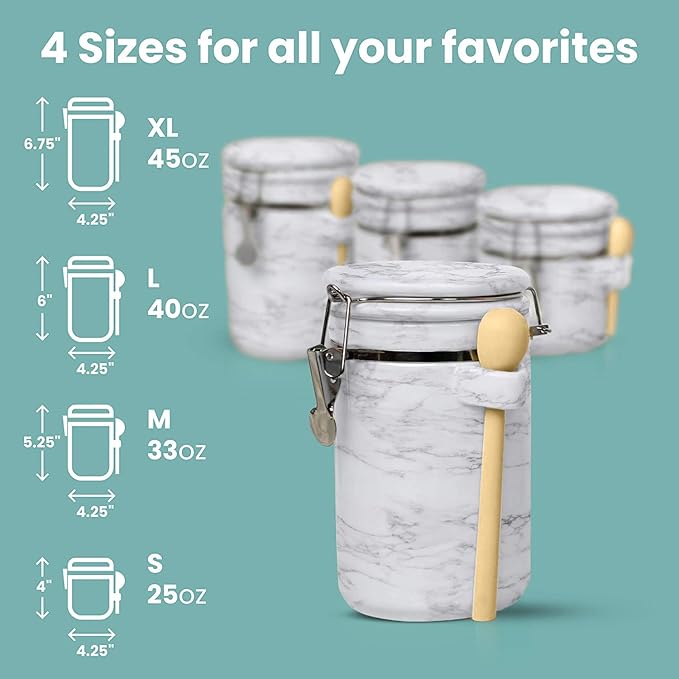 Home Intuition 4-Piece Ceramic Kitchen Canisters Set, Airtight Containers with Wooden Spoons Reusable Chalk Labels and Marker for Sugar, Coffee, Flour, Tea (White Marble)-Ruum Studio Home