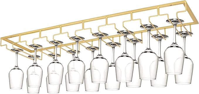 Xverycan Wine Glass Rack Under Cabinet, 8 Row Extreme Large Stemware Hanger, Metal Wine Goblet Holder, DIY Bar Glass Storage Rack for Bar Counter, Kitchen, Screws Included (Gold)-Ruum Studio Home