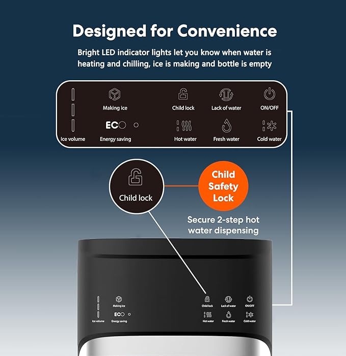 Self Cleaning Hot and Cold Bottom Load Water Cooler Dispenser with Ice Maker for 5 Gallon 3 Temperature Settings 22lbs Daily Capacity Black-Ruum Studio Home