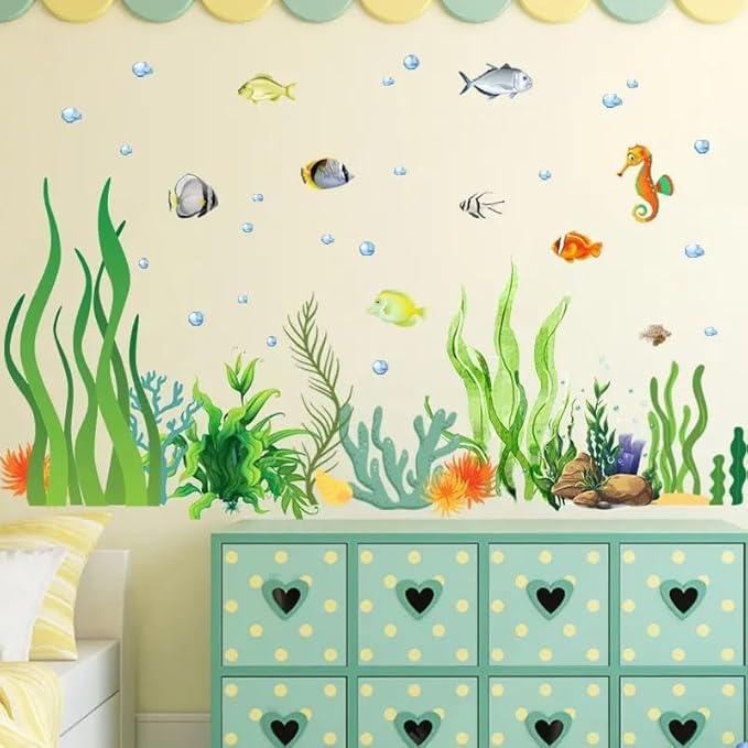 2 Sheets of 12x36 Inch Spring Summer Window Cling Sticker Fish, Plants, Aquatic Theme Window Stickers, Spring and Summer Decor, Home, Shop, Party Window, Glass, Wall Display Stickers (Aquatic Theme)-Ruum Studio Home