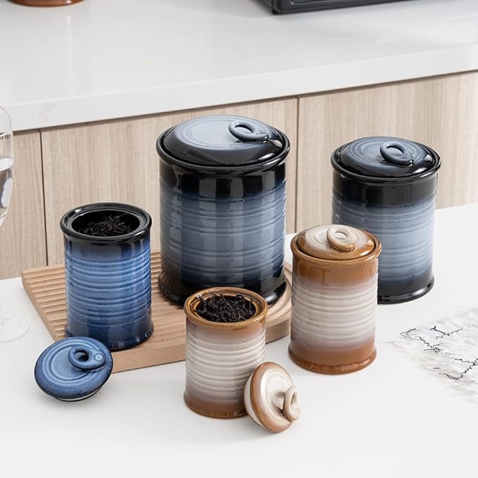 Nihow Ceramic Food Storage Jar Sets: Container with Air Tight Ceramic Lid for Flour/Sugar/Rice/Coffee/Cookies/Candy - Seal Damp-proof Canister for The Kitchen - Set of 3 （Brown）