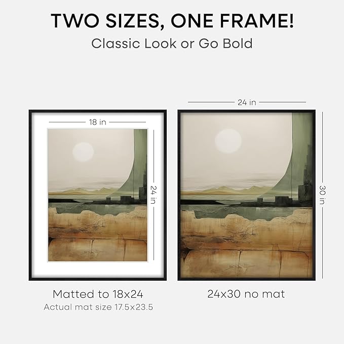 Homeforia Poster Frame 24x30 Black, High End Oak 24x30 Wooden Picture Frames with Mat 18x24 in Photo, 24 x 30 Large Wood Frame Matted to 18 by 24 Print, 30x24 Frame, Tempered Glass, Wall Kit, Set of 1-Ruum Studio Home