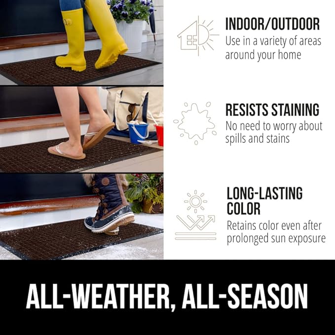 GORILLA GRIP 100% Waterproof All-Season WeatherMax Doormat, 34x58, US Designed Natural Rubber, Stain and Fade Resistant, Low Profile Indoor Outdoor Door Mats, Easy Clean Patio Mat, Coffee Squares-Ruum Studio Home