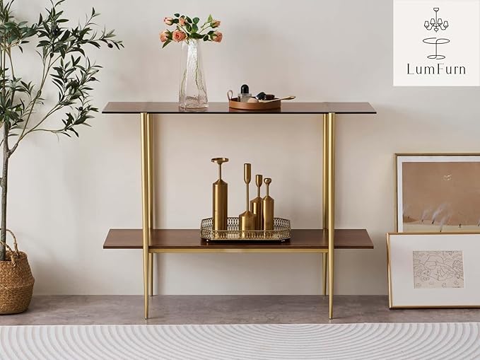 Glass Console Table for Living Room, Foyer & Entrance, 2-Tiers Mid-Century Modern Sofa Table with Amber Glass Top, Walnut Finish Wood Shelf and Gold Finish Frame-Ruum Studio Home
