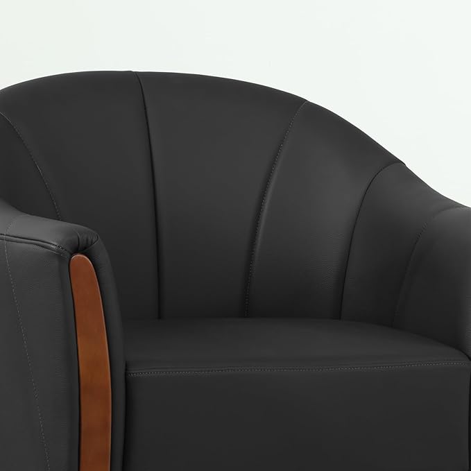 360° Swivel Accent Chair, Modern Leather Barrel Club Chair with PU Leather Upholstery and Sturdy Wood Base, Comfortable Armchair for Living Room, Bedroom, Reading Nook, Black-Ruum Studio Home