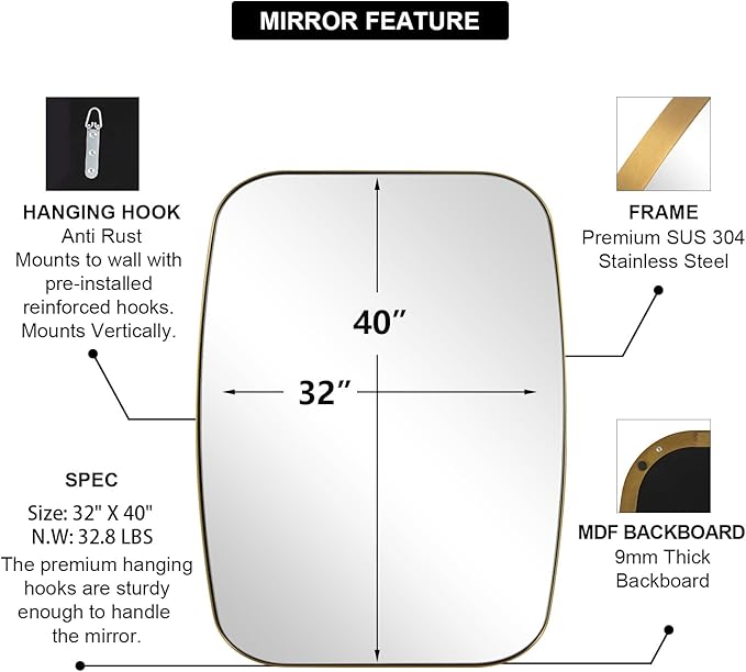 ANDY STAR Gold Oblong Mirror, 32x40 Inch Gold Oval Mirror for Bathroom with Stainless Steel Metal Frame, Wall Mouned for Bathroom, Living Room, Entryway-Ruum Studio Home