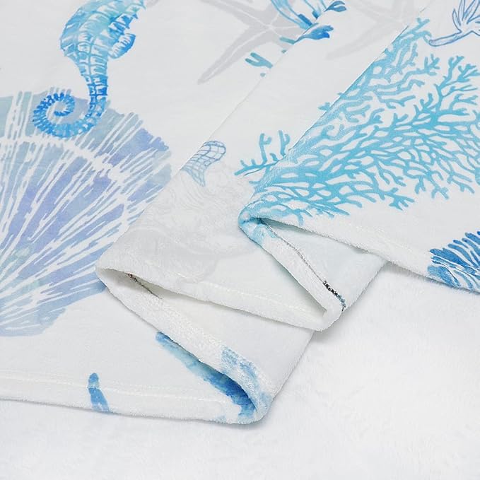 Blue Ocean Beach Throw Blanket Nautical Coastal Bed Blanket Starfish Seashell Coral Blankets Super Soft Flannel Fleece Throw Blanket for Couch Bed Decor “50 x60”-Ruum Studio Home