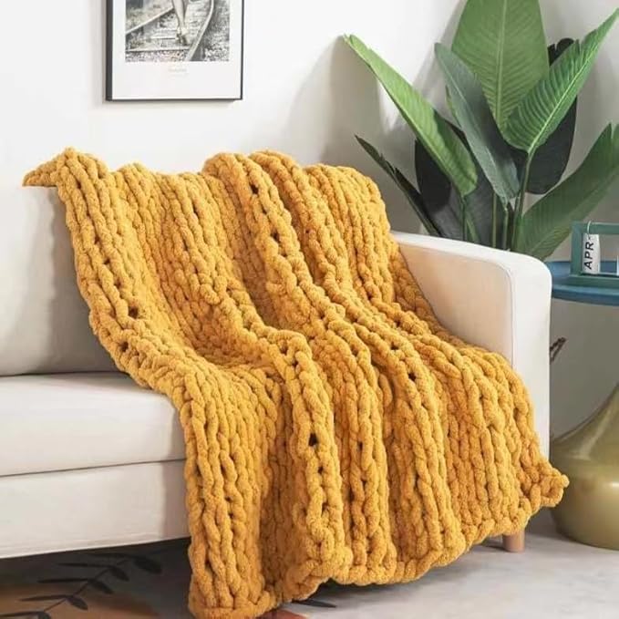 Chunky Knit Blanket Throw 40"×40", Hand Knitted Warm Chenille Throw Blanket, Home Decor Soft Thick Yarn Cable Knit Blanket,Soft Breathable Fleece Banket Christmas for Couch Bed Sofa Best Gift (Yellow)-Ruum Studio Home