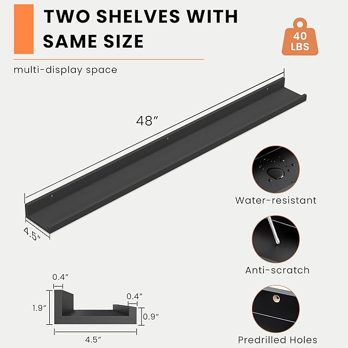 Heimlove Picture Ledge Shelf, Floating Shelves Set of 2, 48 Inches Picture Shelf for Wall with Ledge, Kids Bookshelf Wall Mounted for Living Room Bedroom Decor Books Photo Frames, Black-Ruum Studio Home
