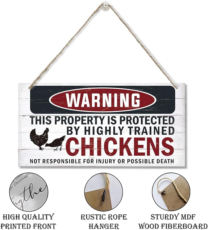 Funny Warning Signs, The Property is Protected By Highly Trained Chicken Sign, Decorative Wood Hanging Wood Plaque, Farmhouse Home Garden Yard Decor, Door Gate Hanger, Chicken Farm Decor-Ruum Studio Home