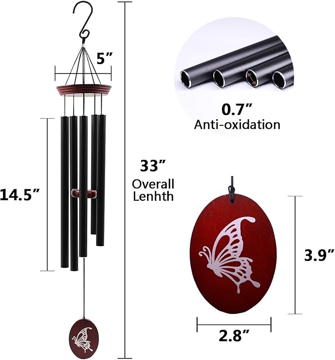 Wind Chimes for Outside, WindChimes Outdoor Tuned Soothing Melody, Windchime Gifts for Mom/Grandma,Wind Chimes Outdoor Decoration, Patio, Garden, Yard. (33" Red Butterfly)-Ruum Studio Home