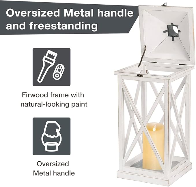 Glitzhome Mondern Farmhouse Wooden Lantern Hanging Decorative Candle Lantern for Outdoor & Indoor Wash White Set of 2 (No Glass)-Ruum Studio Home