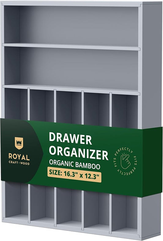ROYAL CRAFT WOOD Luxury Bamboo Kitchen Drawer Organizer - Silverware Organizer - Utensil Holder and Cutlery Tray with Grooved Drawer Dividers for Flatware and Kitchen Utensils (7 Slot, Gray)-Ruum Studio Home