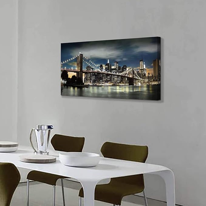 Brooklyn Bridge Canvas Wall Art: Skylines Reflections in New York Artwork for Office Living Rooms(40”x20”)-Ruum Studio Home