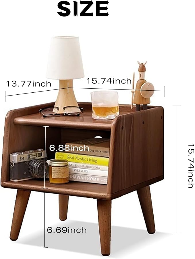 Small Bedside Table - 100% Solid Oak Wood Nightstand with Open Design - Small Side End Table for Bedroom Living Room, Easy Assembly (Walnut Color)-Ruum Studio Home