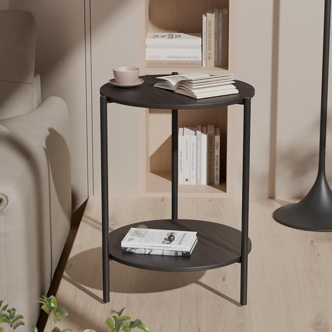 Side Table, Round End Table with 2-Layer Storage Rack, 15.7" Small Spaces Circle Table, Metal Frame Design Small Side Tables, for Living Room, Bedroom, Grey-Ruum Studio Home