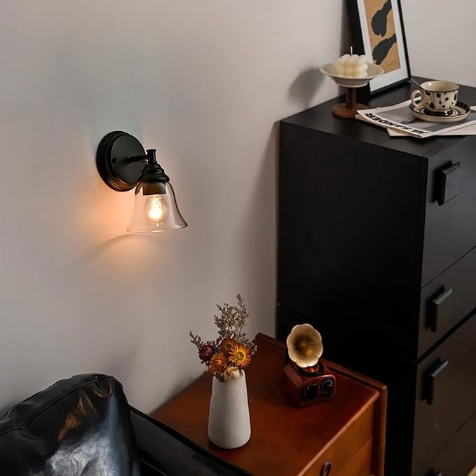 Moder 1-Light Black Wall Sconce Clear Glass Bell Shape Light Fixtures for Farmhouse, Bathroom, Living Room, Stairway Set of 2-Ruum Studio Home
